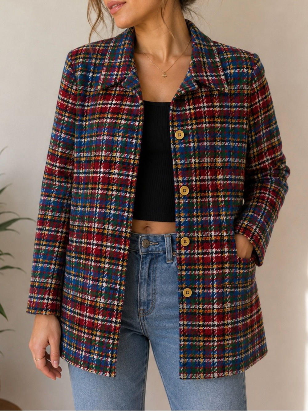 Multi-Color Plaid Button-Front Blazer Jacket